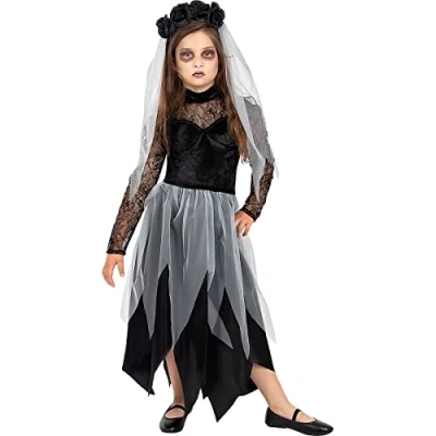 Image of Funidelia Ghost Bride Costume s for girl Halloween Bride, Corpse Horror kids accessory fancy dress &amp; props Halloween, carnival parties Size 5 6 years Black