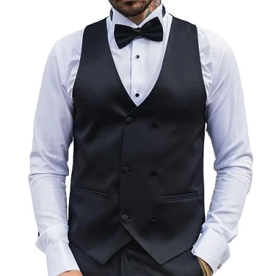 Image of TruClothing Mens Black Satin Double Breasted Waistcoat Tie Dinner Suit Vest Tailored Fit 46