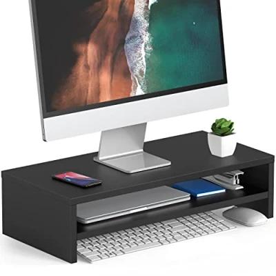Image of FITUEYES Monitor Stand 2 Tiers Computer Riser,54cm Wood Desktop for Laptop Screen Riser, with Storage Shelf, Office Supplies, Desk Organizer, Black