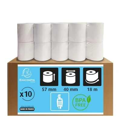 Image of Exacompta Ref 40339E Credit Card Receipt Roll (Pack of 10 Rolls) 57mm Width x 18m Length, Suitable for Shops, Kiosks, Cafés, Restaurants, Payments
