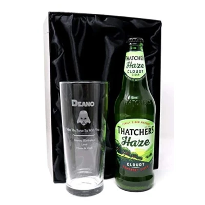 Image of Personalised Engraved Pint Glass &amp; Cider Gift Set Darth Vader Star Wars Design (Thatchers Haze Somerset Cider, Silk Lined Box)