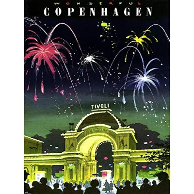 Image of Wee Blue Coo Travel Tourism Copenhagen Denmark Tivoli Gardens Fireworks Vintage Art Print Poster Wall Decor 12X16 Inch