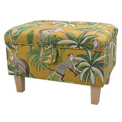Image of Beaumont Monkey Yellow Storage Ottoman Botanical Tropical Footstool Upholstered Bedroom Box 100% British Handmade, 1BOX MONKEYOCHRE