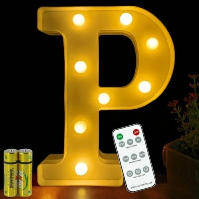 Image of HONPHIER® Letter Lights Decorative LED Alphabet Remote Control Marquee Decoration Light Up Sign Battery Operated for Birthday Party Wedding Receptions Holiday Bar Home Bedroom Bath Decor (P)
