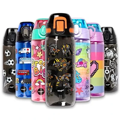 Image of Fringoo 600ml Kids Water Bottle with Straw &amp; Fliptop Lock 100% Leakproof BPA Free for School Dinosaur Robot