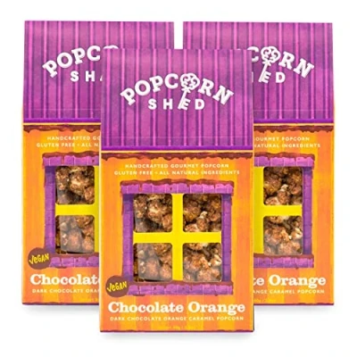 Image of Popcorn Shed 3 x Chocolate Orange Gourmet Popcorn, Gift Box, Christmas Gluten Free, Natural, Vegan Movie Night Snack, 80 g