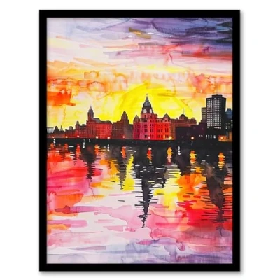 Image of Artery8 Vibrant Liverpool City Waterfront Sunset Painting Living Room Artwork Framed Wall Art Print 18X24 Inch