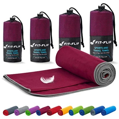 Image of Fit Flip Camping towel ultra lightweight &amp; compact microfibre quick dry sports for gym the perfect beach, travel swim (40x80cm winered grey edge)