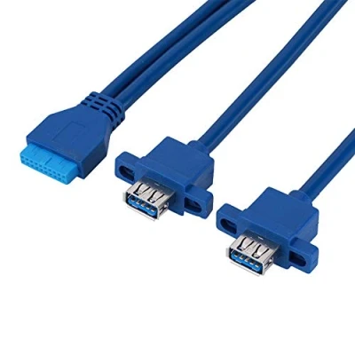Image of ASHATA USB3.0 Data Cable,USB3.0 19PIN TO 2AF Front Motherboard Panel Mount Cable With Screw Hole,USB3.0 One 19pin/20pin Female Mother,Double A Female,Blue(0.3m)
