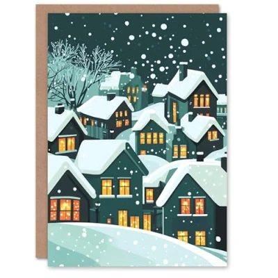 Image of Artery8 Winter Snow Houses Glowing Windows Blank For Him Or Her Art Xmas Festive Christmas Card