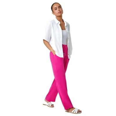 Image of Roman Wide Leg Trousers for Women Ladies Linen Dressy Joggers Sweatpants Lounge Tracksuit Bottoms Palazzo Yoga Jogging Gym Casual Loungewear Daywear Work Holiday Petite Bright Pink Size 18