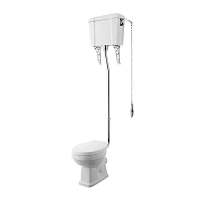 Image of Milano Richmond Traditional White Ceramic Bathroom Toilet WC Pan with High Level Cistern, Effect Seat and Flush Pipe Kit