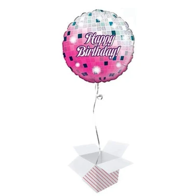 Image of Glitterball Birthday Holographic Round Foil Helium Balloon Inflated in a Box