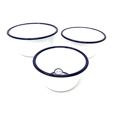 Image of 3 x Falcon White and Blue Enamel Xmas Pudding Bowls, Size 12cm, 14cm, 16cm.