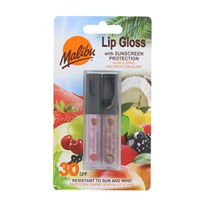 Image of Malibu Sun SPF 30 Sunscreen Lip Gloss, High Protection, Water and Wind Resistant, Coconut Strawberry, Pack of 2 x 1.5ml