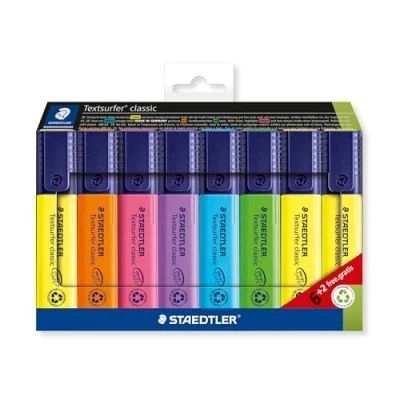 Image of STAEDTLER 364 A C8 Textsurfer Classic Highlighter Assorted Colours (Card Pack of 6+2 FREE)