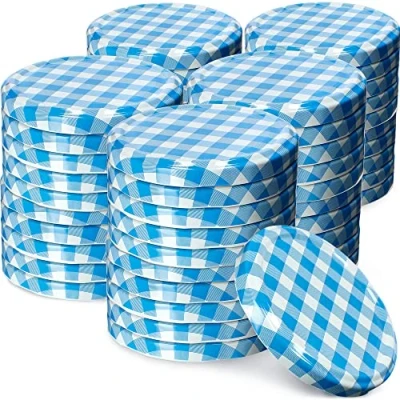 Image of KADAX Jar Lids Ø 82 mm, Secure Metal with Six Threads, Seals Replacement, Twist Off Closure for Pickling and Preserving (Blue Grid, Set of 50)