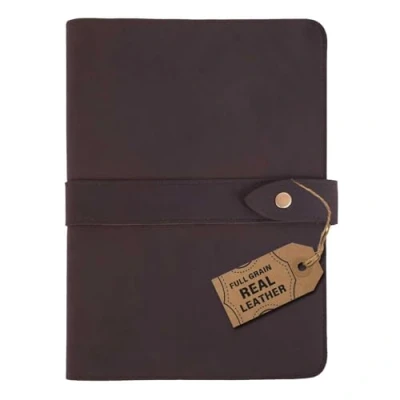 Image of Trowik Handmade Leather Journal Cover for A5 Notebook, Refillable Vintage Diary with Card Slots, Brass Snap Brown