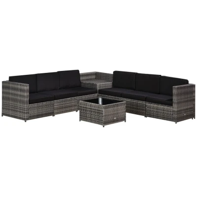 Image of Outsunny 8 Pieces Outdoor PE Rattan Sofa Set with Cushions, Patio Garden Furniture Sets Glass Top Coffee Table, Storage Corner Grey
