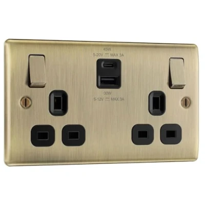 Image of BG Nexus Metal Antique Brass, 13A Double Switched Socket with USB A + C 45W, Black Inserts