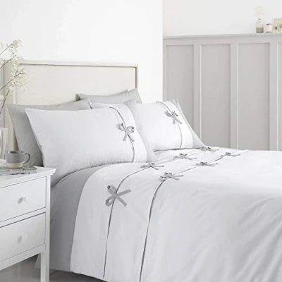 Image of Catherine Lansfield Milo Bow Single Duvet Cover Set with Pillowcase White