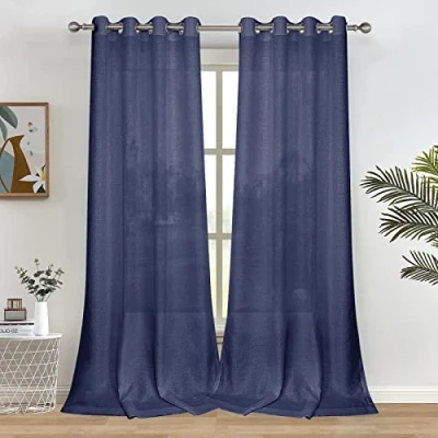 Image of Melodieux Navy Semi Sheer Curtains 96 Inches Long for Living Room Bedroom Flax Linen Grommet Voile Drapes, 52 by Inch (2 Panels)