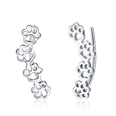 Image of Paw Ear Cuff Wrap Crawler Climber Earrings for Women Teen Girls Sterling Silver Studs Clip On Cute Dog Cat Pin Hypoallergenic Jewelry