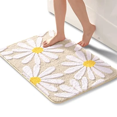Image of QJHOMO Beige Bathroom Rug Cute Daisy Bath Mat Non Slip Washable White and Yellow Flower Soft Shower Absorbent 60 x 90 cm