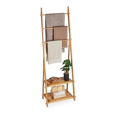 Image of Relaxdays Towel Bamboo, 3 Bars, 2 Storage Shelves, HWD: 153 x 53.5 30 cm, Free Standing, Bathroom Rack, Natural