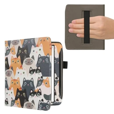 Image of kwmobile Case Compatible with Pocketbook Era/Era Color PU Leather Cover Magnetic Closure, Strap, Front Pocket Cats Orange/Black/White