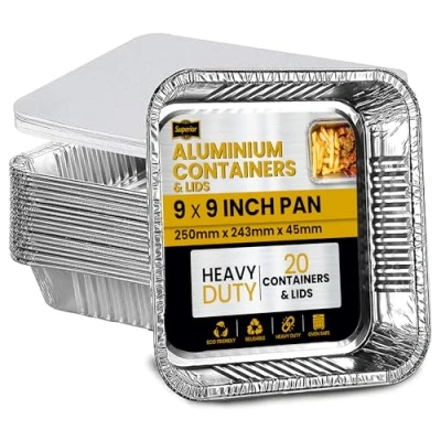 Image of Superior 20 Pack Aluminium Foil Trays with Paper Lids, Heavy Duty Takeaway Containers, Freezer &amp; Oven Safe Tin For Baking, Cooking, Broiling, Storage 9 x inch