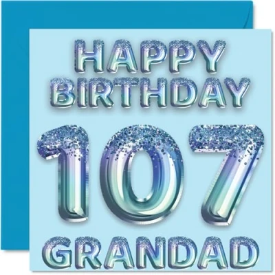 Image of 107th Birthday Card for Grandad Blue Glitter Party Balloons Happy Cards 107 Year Old from Grandson Granddaughter, 145mm x Bday Greeting Gift