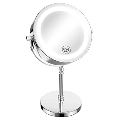 Image of TEHEO Vanity Mirror with Lights 10x Magnifying Makeup LED Light up Round 360 Rotation for Bathroom Dressing Table Desk Bedroom Free Standing Battery Operated