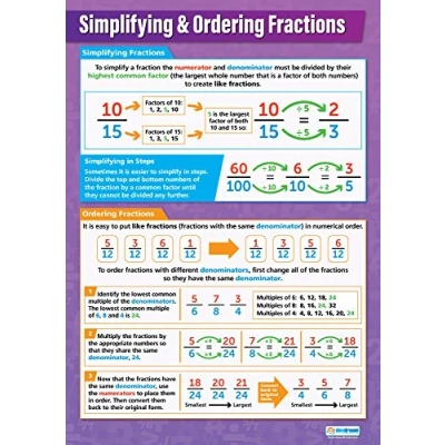 Image of Daydream Education Simplifying and Ordering Fractions Maths Poster EXTRA LARGE A1 (594 mm x 850 mm) Gloss Paper Secondary School Wall Charts