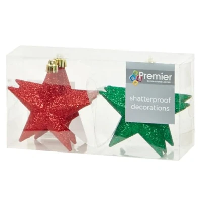 Image of Shatterproof Christmas Stars 6 Pack 100mm Premier Tree Decoration, glitter Star Baubles (Red and Green 9530)