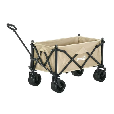 Image of Outsunny Folding Garden Trolley Cart, Outdoor Collapsible Wagon with Telescopic Handle, Carry Bag and All Terrain Big Wheels, for Beach, Camping, Festival, 120KG Capacity, Khaki