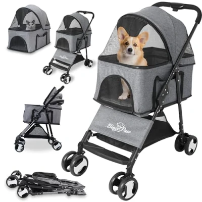 Image of Bingopaw Pet Stroller, Foldable Dog Pram 4 Wheel Kitten for Puppy and Cat with Detachable Blanket Rain Cover as Gift Loads Up to 20KG