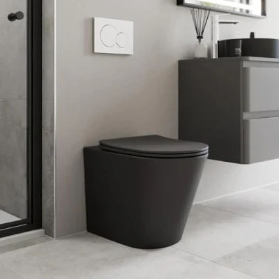 Image of Modern Bathroom Back to Wall BTW Rimless Toilet Pan Soft Close Seat Matt Black