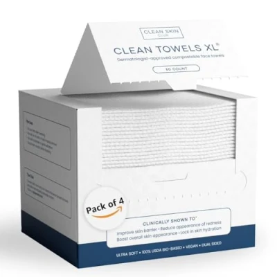 Image of Clean Skin Club Towels XL, 100% USDA Biobased Dermatologist Approved Face Towel, Disposable Clinically Tested Towelette, Makeup Remover Dry Wipes, Ultra Soft, 200 ct, 4 pack