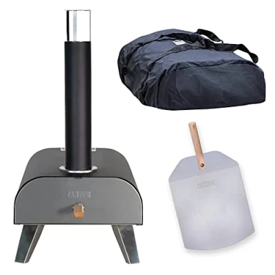 Image of Zanussi ZPO1BPC Outdoor 12 Inch Wood Pellet Portable Fired Pizza Oven with Paddle and Cover in Black, BBQ &amp; Smoker, Stainless Steel Foldable Legs