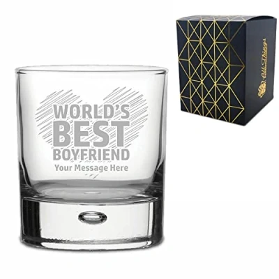 Image of Personalised Engraved Whisky Glass Tumbler with World&#039;s Best Boyfriend Design, Gift Boxed, Personalise Any Message for Valentines, Anniversaries
