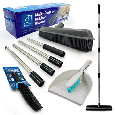 Image of Rubber Broom Long Handle Push Bristles Sweeper Squeegee with Scratch Free Bristle for Pet Cat Dog Hair Cleaning Carpet Hardwood Tile Windows (Rubber &amp; Dustpan, Hand Brush)