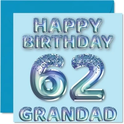 Image of 62nd Birthday Card for Grandad Blue Glitter Party Balloons Happy Cards 62 Year Old from Grandson Granddaughter, 145mm x Bday Greeting Gift