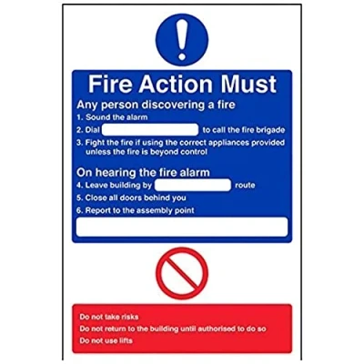 Image of V Safety 12001AU S General Fire Action Dial Sign Portrait 200mm x 300mm Self Adhesive Vinyl, Blue/Red