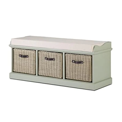 Image of Tetbury Furniture Sage Green bench with storage baskets and cushion seat