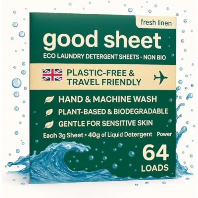 Image of Laundry Detergent Sheets 64 Loads Fresh Linen Scent Plant Based Eco Plastic Free Travel Washing Detergent.