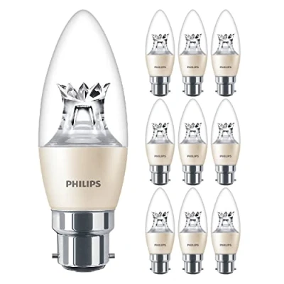 Image of Philips 10 Pack Master LED Clear Candle B38 DimTone Lamp 5.5W (40W) B22 BC Large Bayonet Cap 2200k to 2700k 470 Lumen 25000 Hours Car Air Freshener Included 80+ CRI