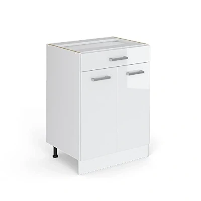 Image of Vicco Kitchen base cabinet Raul, White High Gloss/White, 60 cm with drawer, without worktop