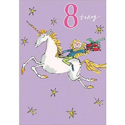 Image of Girl&#039;s Illustrated 8th Birthday Card (WDM 456671) Age 8 Girl on Unicorn Lovely Greeting for Her From the Quentin Blake Range by Woodmansterne