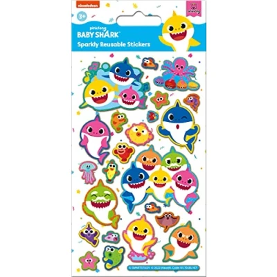 Image of Paper Projects 01.70.06.167 Baby Shark Sparkly Stickers Official Licensed Product Reusable on Non Porous Surfaces, White, 19.5cm x 9.5cm